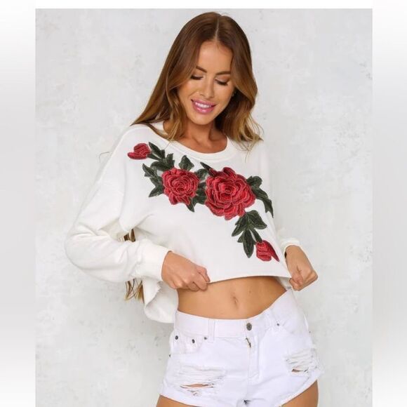 Saints + Secrets Cropped Sweatshirt with roses - Picture 1 of 8